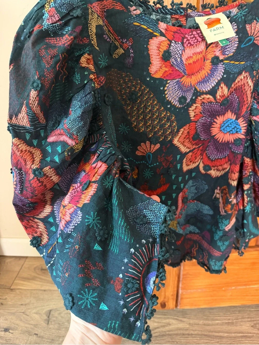FARM Rio Vibrant Floral Embroidered Puff Sleeve Cotton Top - Size Small